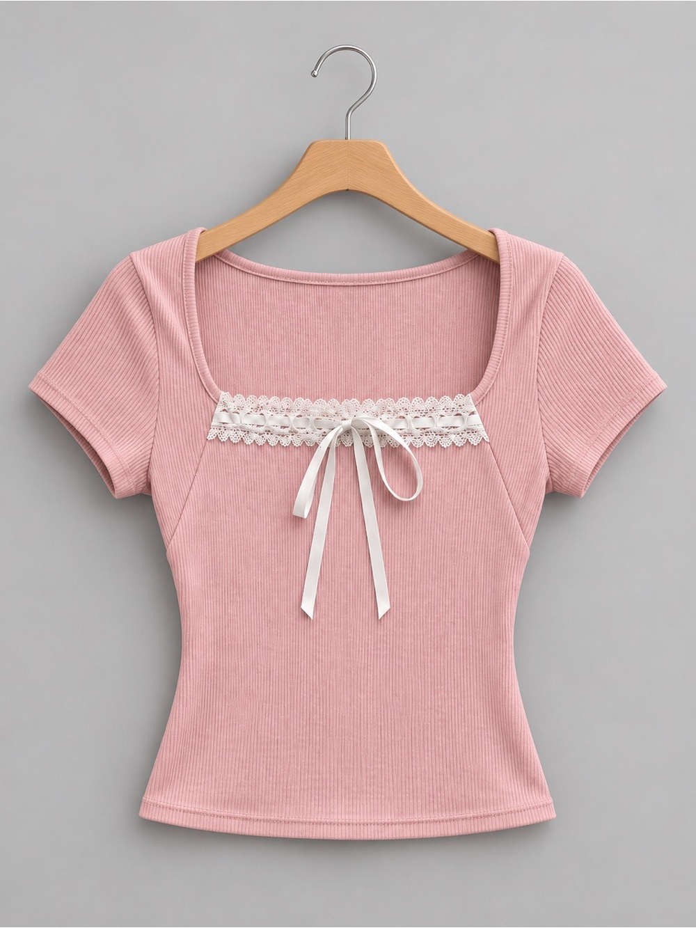 Coquette Square Neck Ribbed Tee with Lace Trim - Pink